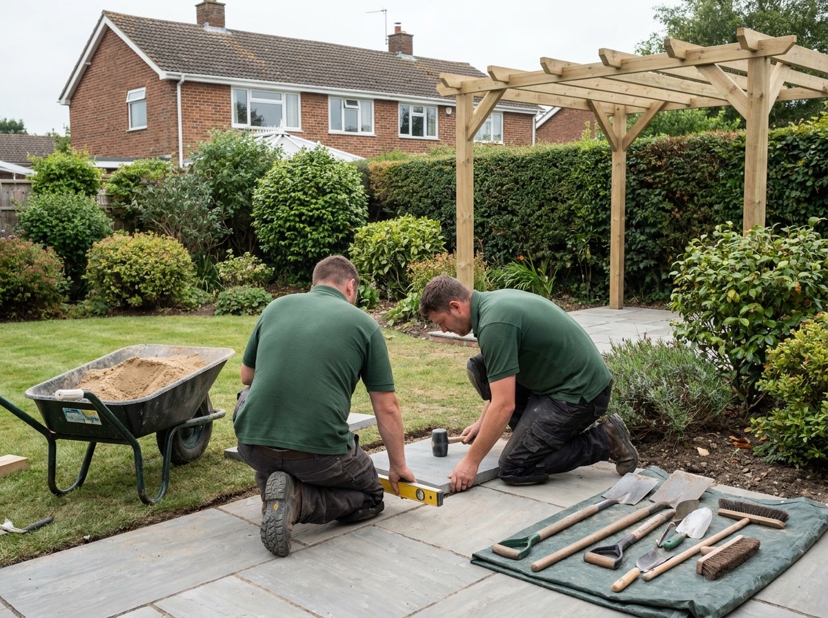 The Green Leaf Landscape Services team working on a garden project near Tonbridge